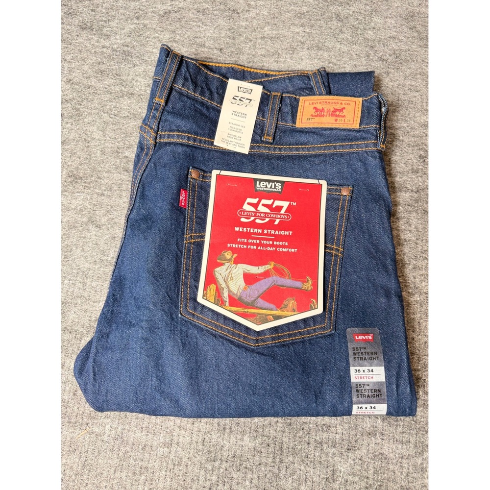 Levis 557 Western Straight Jeans Mens 36x34 Indigo Blue Stretch Denim Cowboy Fit